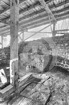 Ruins of an ancient church in black and white