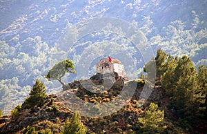 Ruins of ancient church in ghost town of Kayakoy, Turkey