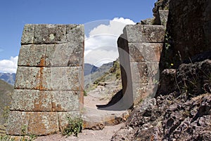 Ruins of ancient citadel of Inkas on the mountain, Pisac, Peru