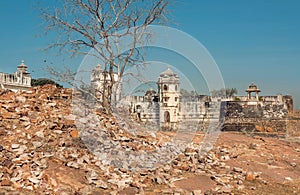 Ruins of ancient cities and walls one of the palaces in desert valley of India. Landscape of rural Rajasthan state