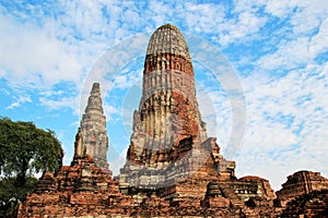 The ruins of ancient city on a background of a blue sky. Ayutthaya Historical park.
