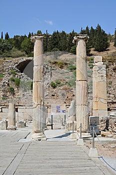The ruins of the ancient city of Ephesus in Turkey. Columns of the Roman basilica
