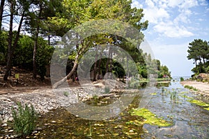 Ruins of the ancient city of Olympos in Cirali village in Antalya, Turkey. Local and foreign tourists come to visit the ancient ci