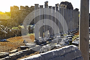 Ruins of the ancient city remains archeology   sacred   of Side in Turkey marble monument