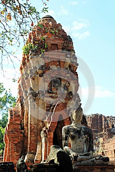 The ruins of ancient city with statue of Buddha. Ayutthaya Historical park.