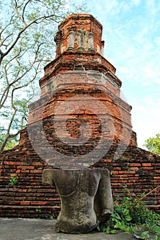 The ruins of ancient city with statue of Buddha. Ayutthaya Historical park.