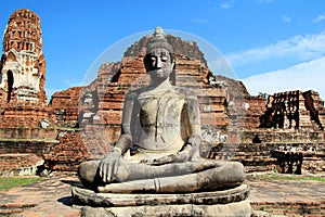 The ruins of ancient city with statue of Buddha. Ayutthaya Historical park.