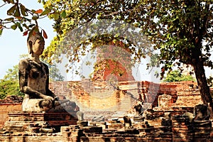 The ruins of ancient city with statue of Buddha. Ayutthaya Historical park.