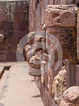 Ruins of the ancient city of Tiwanaku, Bolivia, faces view