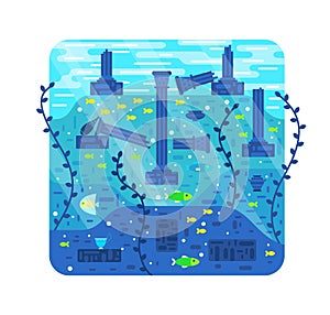 Ruins of an ancient city under water - vector cartoon illustration, destroyed columns on the seabed
