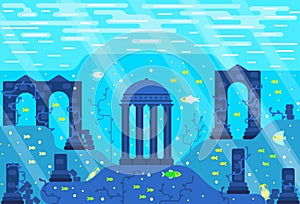 Ruins of an ancient city underwater - colonnades, stone pillars, greek amphora, fishes on the seabed. Vector cartoon