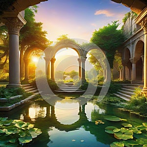 ruins of an ancient Elven or Elvish pond in a now overrun by plants photo