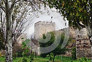 Ruins ancient fortress walls of Constantinople, known as the Theodosian Walls