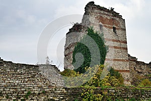 Ruins ancient fortress walls of Constantinople, known as the Theodosian Walls