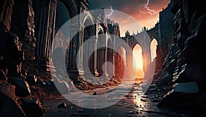 Ruins of an ancient gothic structure with dramatic storm clouds and lightning.