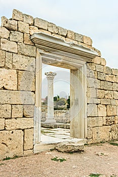 The ruins of ancient Greek city of Chersonesus Taurica in the Crimea peninsula under the cloudy sky, Sevastopol, Autumn