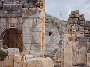 Archeological remains of the Lycian rock cut tombs in Myra, Turkey