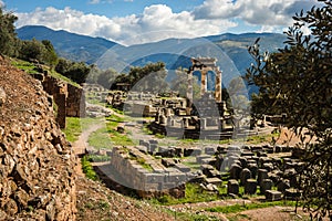 Ruins of an ancient greek temple of Apollo at Delphi, Greece photo