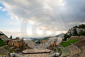 Ruins of the ancient greek theater of Taormina, Sicily the Etna