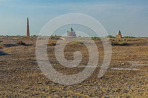 Ruins of ancient Konye-Urgench, Turkmenistan. Kutlug Timur Minaret, Sultan Tekesh Mausoleum and Il Arslan Mausoleum