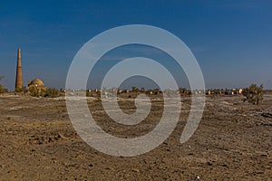 Ruins of ancient Konye-Urgench, Turkmenistan. Kutlug Timur Minaret visibl