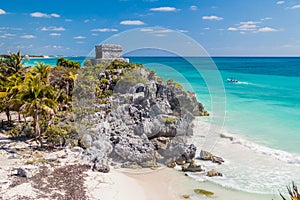 Ruins of the ancient Maya city Tulum and the Caribbean sea, Mexi