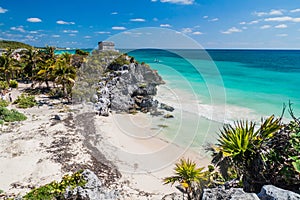 Ruins of the ancient Maya city Tulum and the Caribbean sea, Mexi