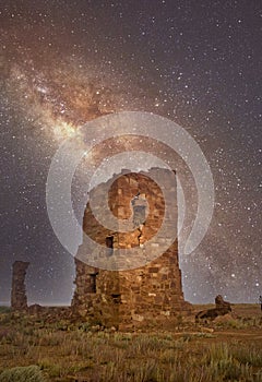 Ruins of an ancient observatory along the historic Route 66 near Meteor Crater road in Arizona under a star filled sky