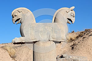 The ruins of ancient Persian capital Persepolis. Huma bird capitel photo