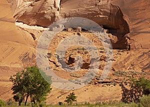 Ruins of ancient pueblo cliff dwellings in Canyon de Chelly Arizona