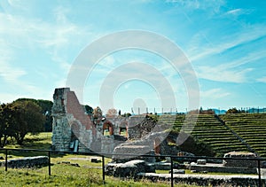 The ruins of an ancient Roman amphitheater in the Umbrian countryside Gubbio, Marche