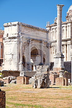 Ruins of the ancient Roman Forum including the Arch of Septimius photo