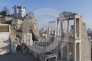 Ruins of Ancient Roman theater of Philippopolis in city of Plovdiv, Bulgaria