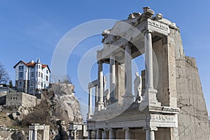 Ruins of Ancient Roman theater of Philippopolis in city of Plovdiv, Bulgaria
