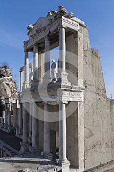 Ruins of Ancient Roman theater of Philippopolis in city of Plovdiv, Bulgaria