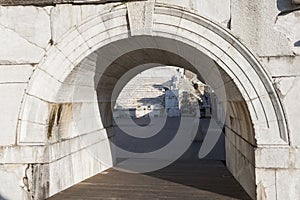 Ruins of Ancient Roman theater of Philippopolis in city of Plovdiv, Bulgaria