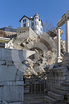 Ruins of Ancient Roman theater of Philippopolis in city of Plovdiv, Bulgaria