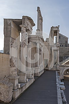 Ruins of Ancient Roman theater of Philippopolis in city of Plovdiv, Bulgaria