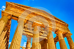 Ruins of ancient temple front pillars in Agrigento, Sicily