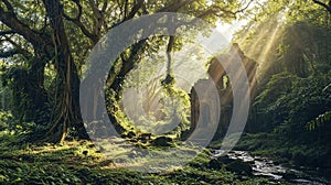 Ruins of an ancient temple, in the middle of lush, green forest. River, ancient trees covered with moss and vines.