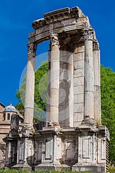 Ruins of the ancient Temple of Vesta at the Roman Forum in Rome