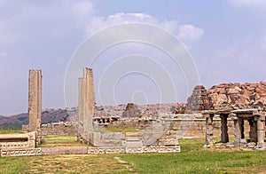 Ruins of Ancient Temple and Vijaya Vitthala Temple, Hampi, Karnataka, India