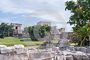 Ruins of ancient Tulum. Architecture of ancient maya. View with temple and other old buildings, houses. Blue sky and lush greenery