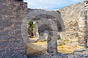 Ruins of ancient Tulum. Architecture of ancient maya. View with temple. Travel photo. Wallpaper or background. Quintana roo. Yucat