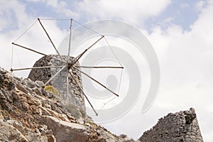 Ruins of ancient Venetian windmills built in 15th century, Lassithi Plateau, Crete, Greece