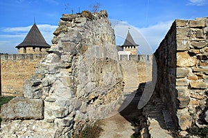 Ruins of ancient wall in medieval fortress in Khotyn.
