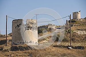 Ruins of ancient windmills at Santorini island, Greece.