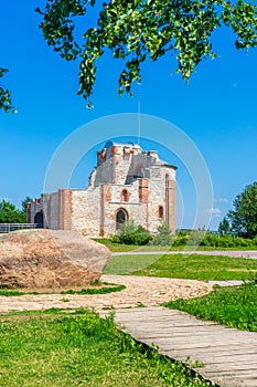 Ruins of Annunciation Church at Rurik settlement - Gorodishche. Not preserved Orthodox church in Velikiy Novgorod vicinity, Russia