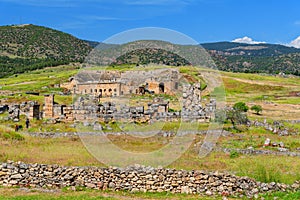 Ruins of the antique amphitheatre in Hierapolis, Pamukkale, Turkey. Panoramic view