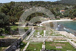 Ruins in Archaeological site of Aliki and small beach, Thassos island, Greece photo